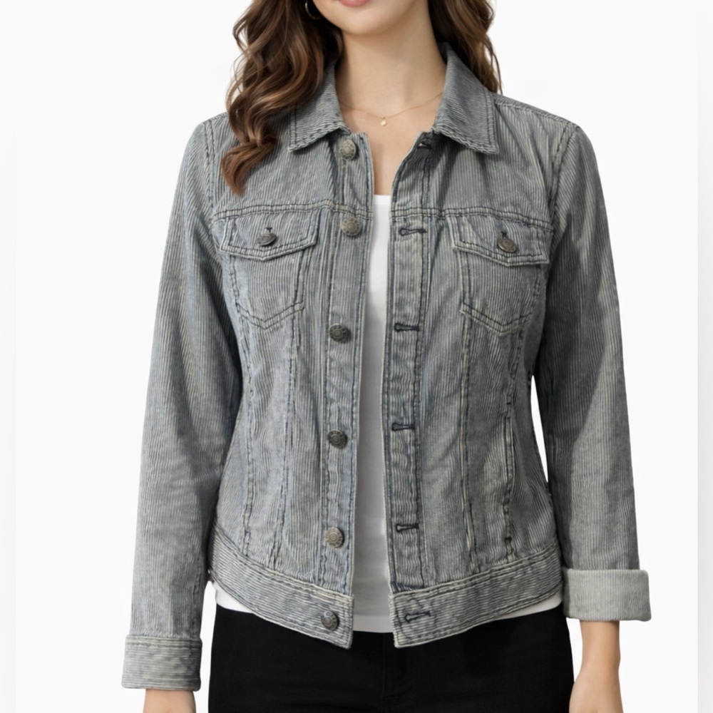 Talbots Womens Jean Jacket Blue White Small Thin Cotton Pinstripe Denim Spring
